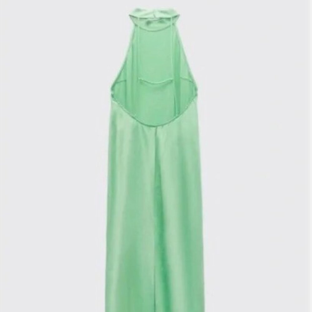 💚  NWT Zara Green Satin Effect Midi Dress | Back Cutout | Size S